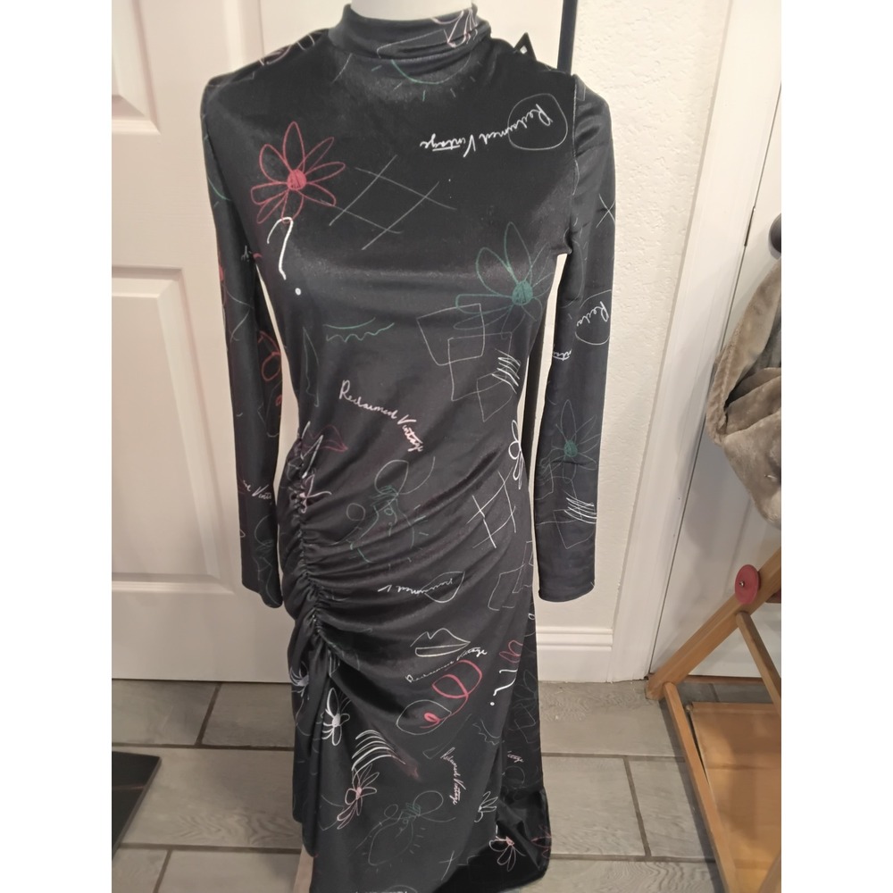 Reclaimed Vintage Womens Black Doodle Print Open Back Ruched Maxi Dress Size 10